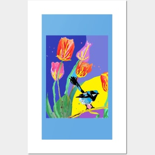 Abstract Blue Wren and Tulips Painting - on Multicoloured Posters and Art